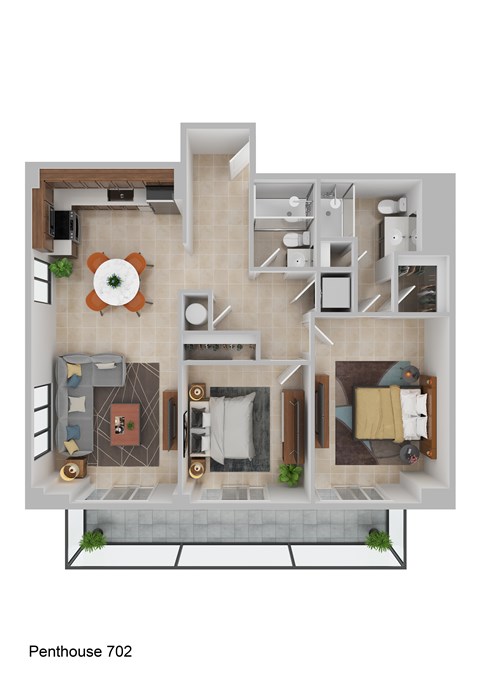 A 3D floor plan of a penthouse apartment with a living room, kitchen, dining room, and bedrooms.